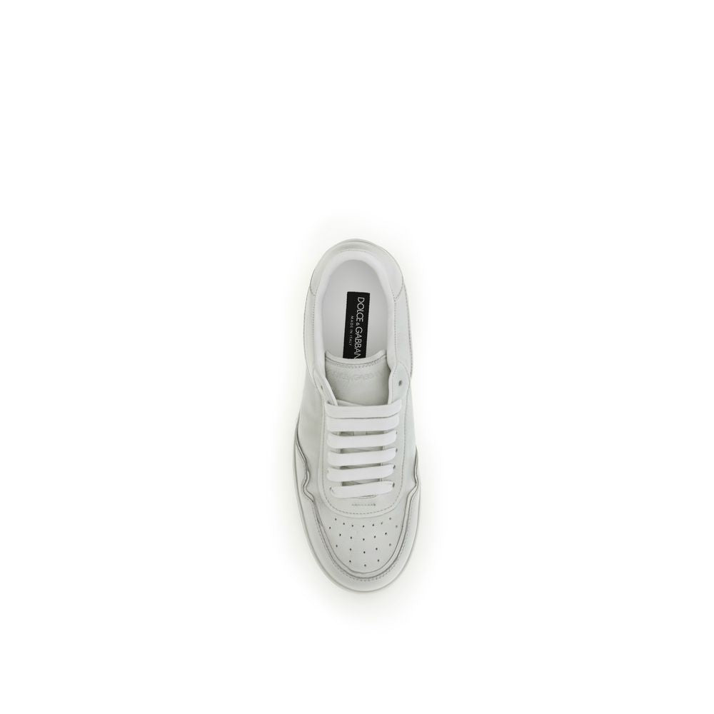 Top view of Dolce & Gabbana White Calf Leather Bos Taurus Low Top Sneakers, featuring lace-up design and logo stripe detail.