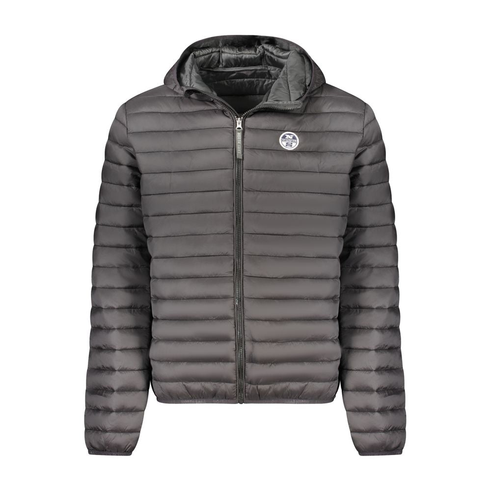 North Sails Black Polyester Men Jacket with hood and 100-gram padding, featuring snap pockets for stylish functionality.