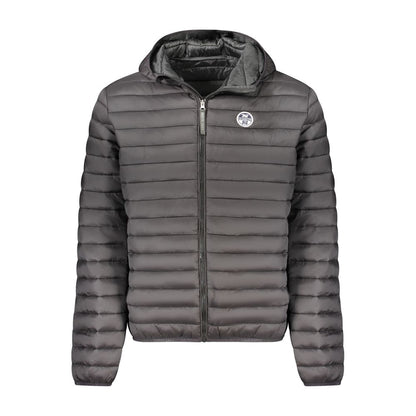 North Sails Black Polyester Men Jacket with hood and 100-gram padding, featuring snap pockets for stylish functionality.