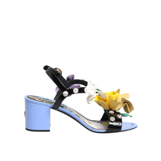 Dolce & Gabbana Multicolor Floral Appliqué Crystal Sandal Shoes with block heel and floral printed insole