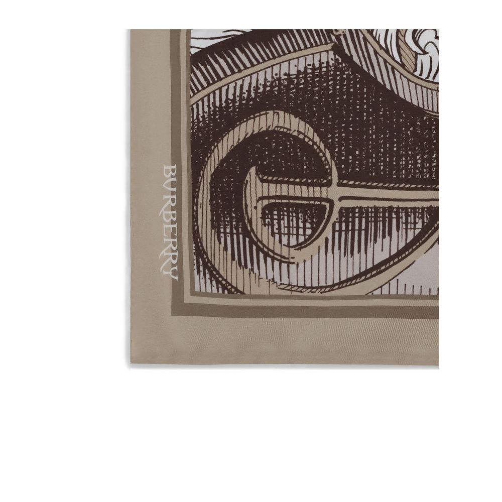 Burberry Beige Silk Scarf with Knight Engraving print, showcasing Equestrian Knight Design on silk twill. Made in Italy. AW25, 90x90 cm.
