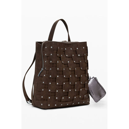 Desigual Brown Polyethylene Women Backpack with studded design and adjustable straps, perfect for trendy fashion enthusiasts.