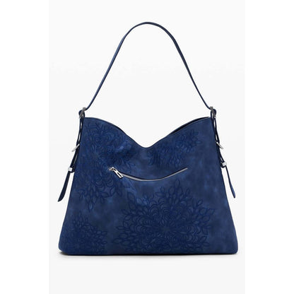 Desigual Blue Polyethylene Women Handbag with embroidery details and adjustable shoulder handle.