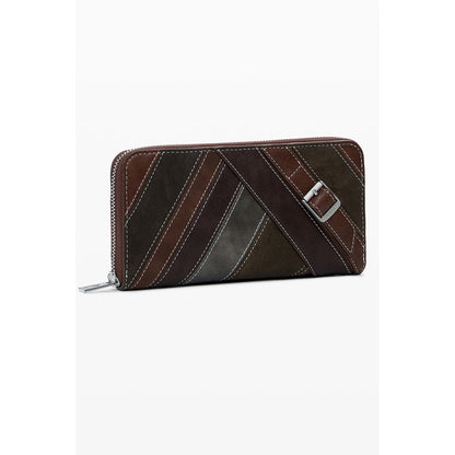Desigual Brown Polyethylene Women Wallet showcasing stylish design with zipper closure and elegant diagonal patterns.
