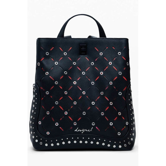 Desigual Black Polyethylene Women Backpack with studded finish and adjustable straps, front view, stylish and practical design.