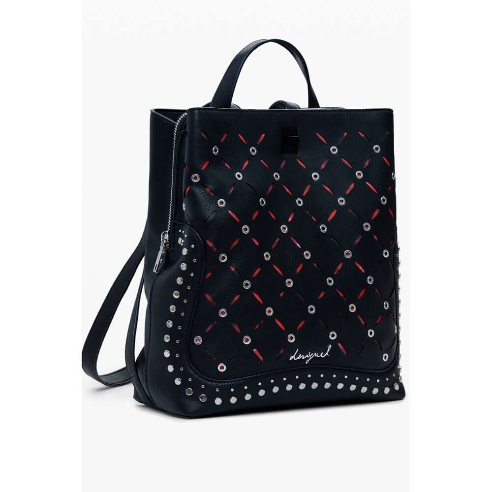 Desigual Black Polyethylene Women Backpack with studded design and adjustable straps, showcasing edgy fashion and practicality.