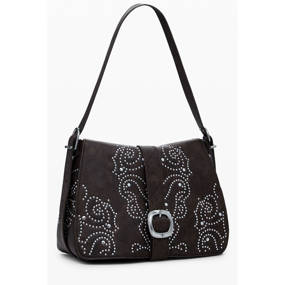 Desigual Brown Polyethylene Women Handbag with chic studs and adjustable strap for versatile style.