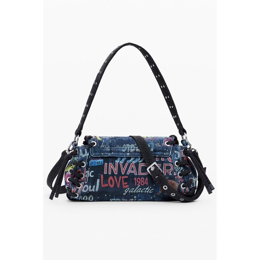 Desigual Blue Cotton Women Handbag with vibrant print and versatile straps, displaying fashion-forward design.