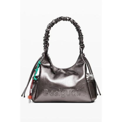 Desigual Bronze Polyethylene Women Handbag with logo and external pockets, featuring secure zip closure and exclusive design.