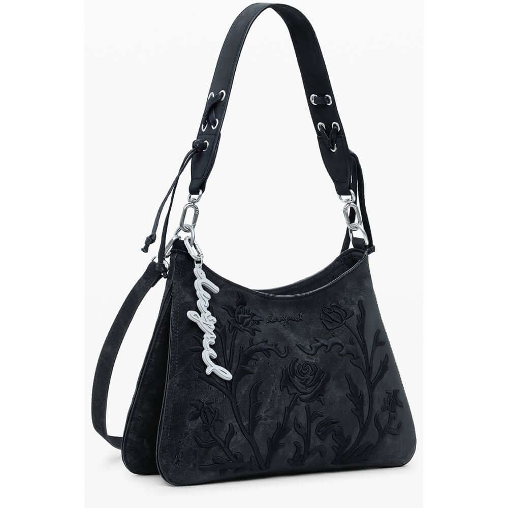 Desigual Black Polyethylene Women Handbag with embroidery, removable shoulder strap, and multiple compartments.