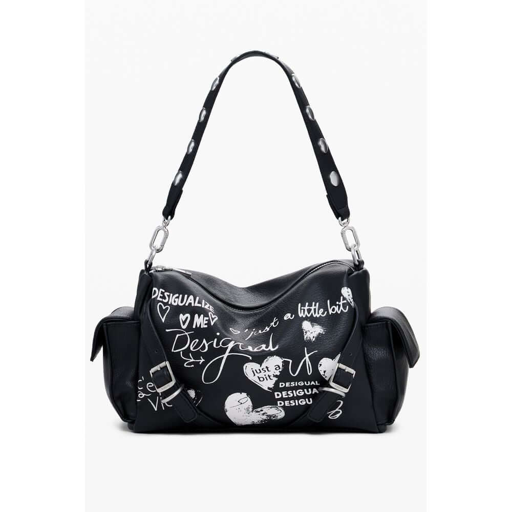 Desigual Black Polyethylene Women Handbag with detachable handle and adjustable strap featuring contrasting white logo and text design.