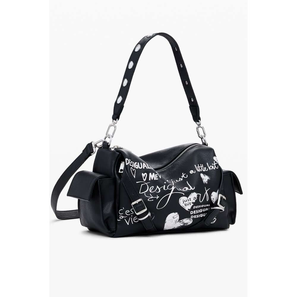 Desigual Black Polyethylene Women Handbag with adjustable strap and multiple pockets, featuring stylish contrasting details and logo.