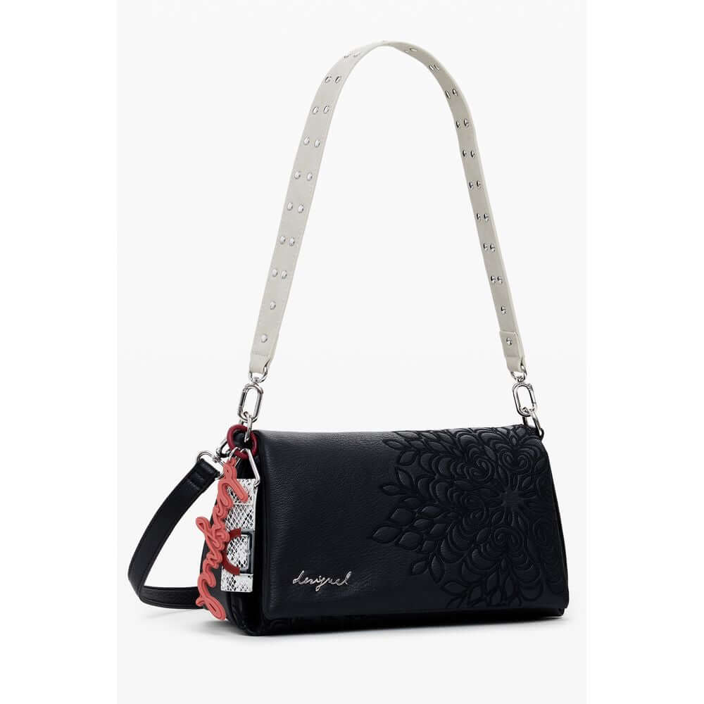 Desigual Black Polyethylene Women Handbag with embroidery and adjustable strap, showcasing eclectic elegance and versatile design.