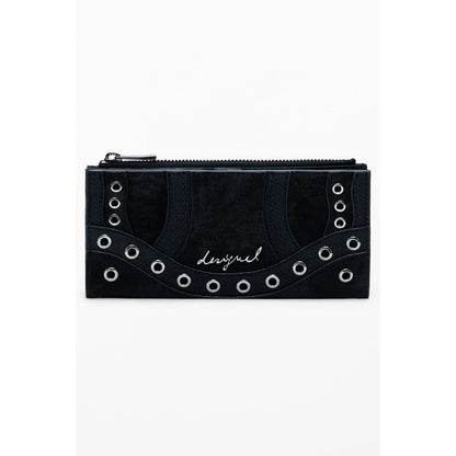 Desigual Black Polyethylene Women Wallet showcasing stylish design with zip closure and grommet accents for modern trendsetters.