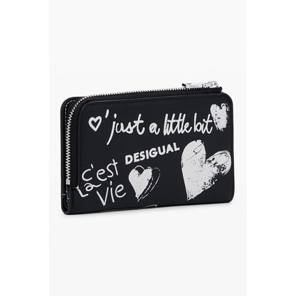Desigual Black Polyethylene Women Wallet with graphic text and heart designs, featuring multiple compartments and secure zip closure.