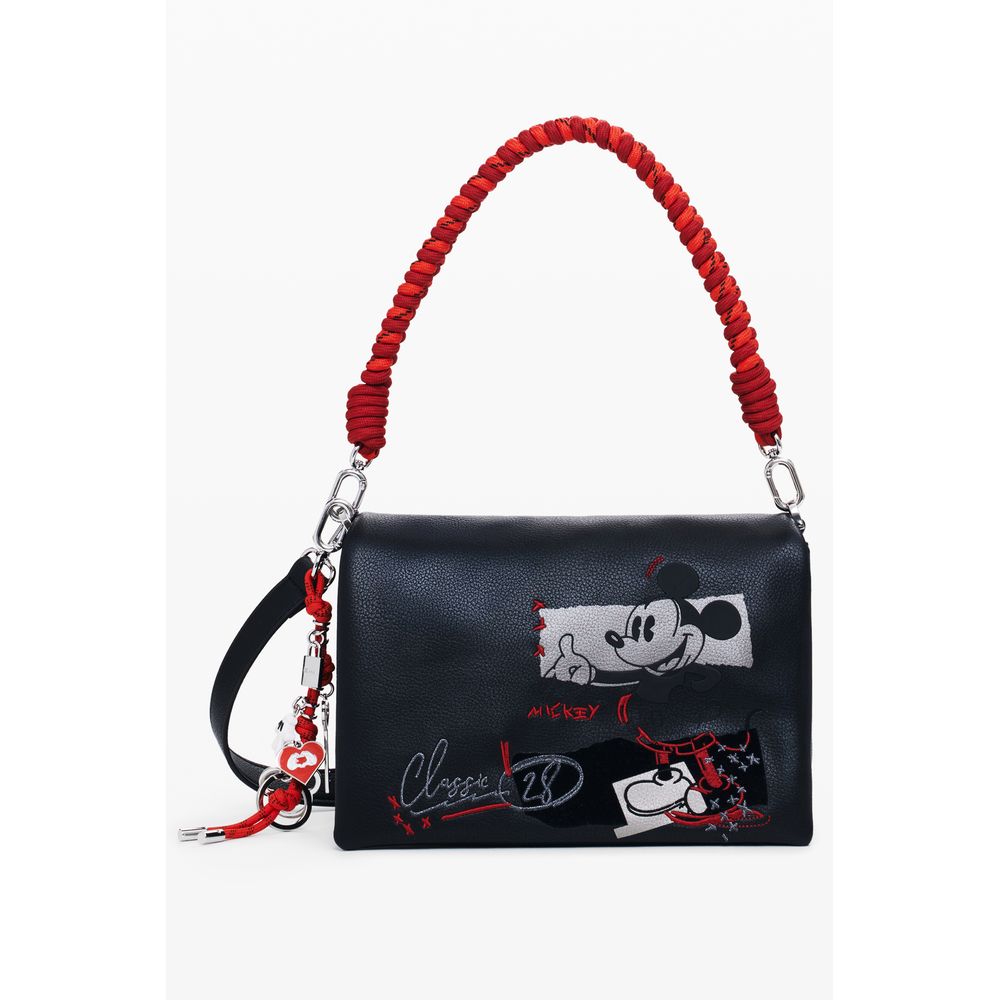 Desigual Black Polyethylene Women Handbag with Mickey Mouse print, red braided handle, and adjustable strap.