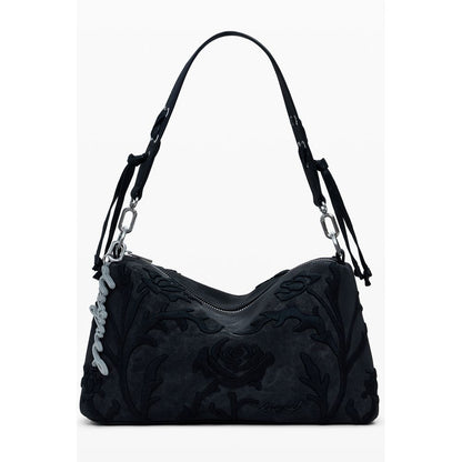 Desigual Black Polyethylene Women Handbag with floral embroidery and adjustable strap.