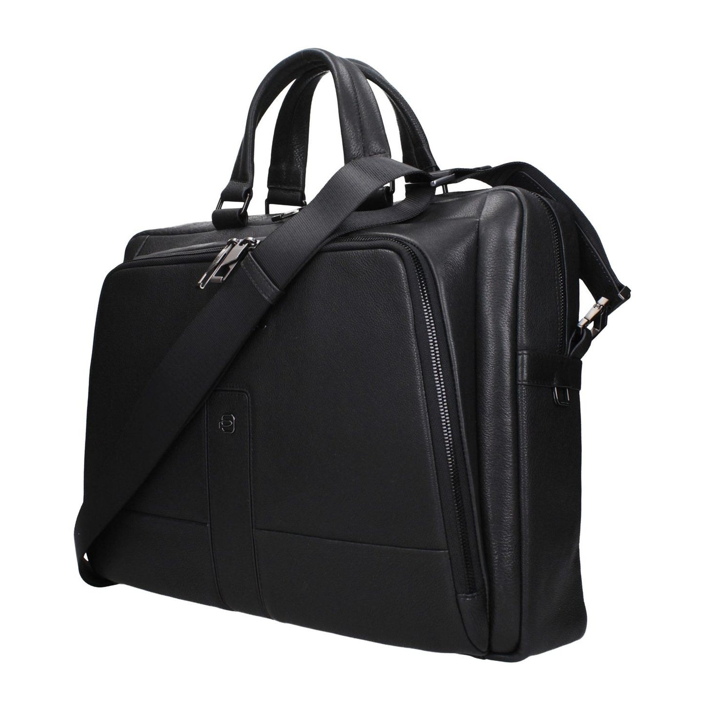 Piquadro Black Leather Business And Laptop Bag with adjustable shoulder strap and ipad/pc cases, featuring vintage effect and logos