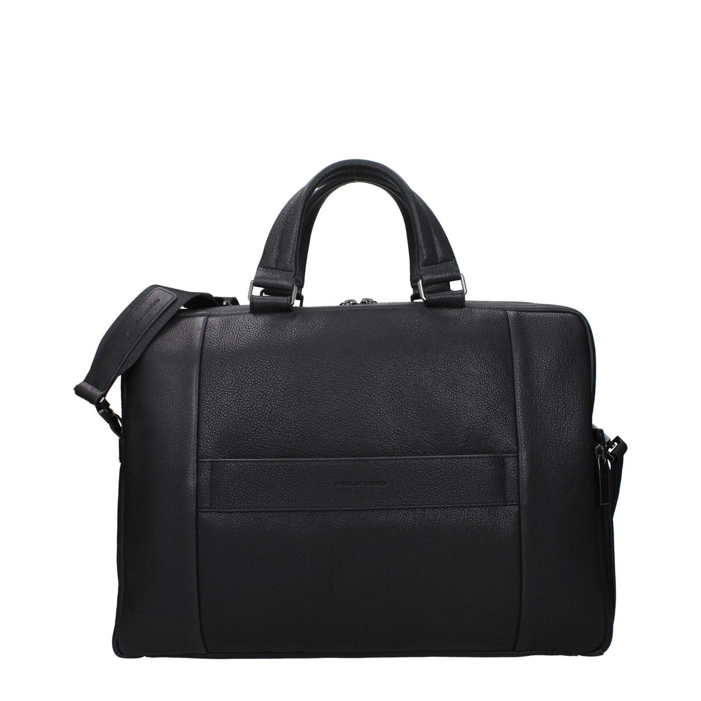 Piquadro Black Leather Business And Laptop Bag with adjustable and removable shoulder straps, front and back logo, vintage effect design.