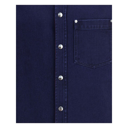 Close-up of Gucci Blue Denim Shirt showing chest pocket and Gucci metal buttons.