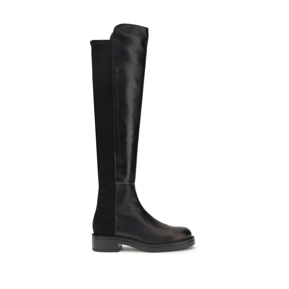Stuart Weitzman Black Leather Over The Knee boots with block heel and elastic back for a versatile and sophisticated look.