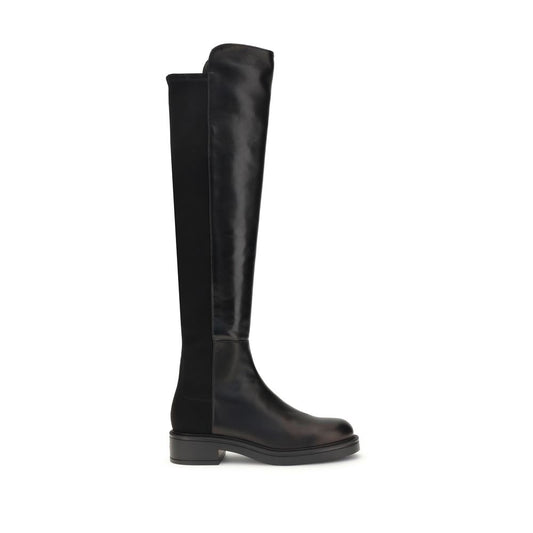 Stuart Weitzman Black Leather Over The Knee boots with block heel and elastic back for a versatile and sophisticated look.