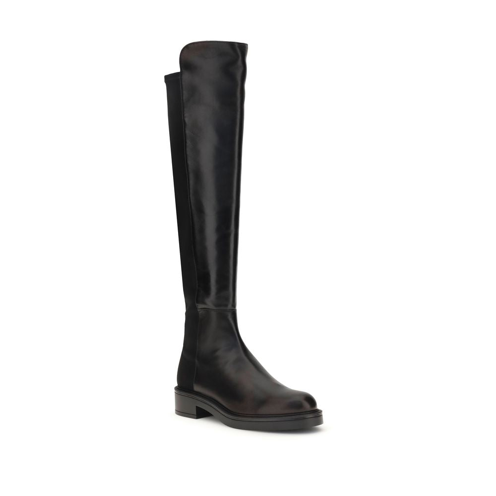 Stuart Weitzman Black Leather Over The Knee boot with block heel and elastic back for a snug fit, perfect for elegant day to evening wear.