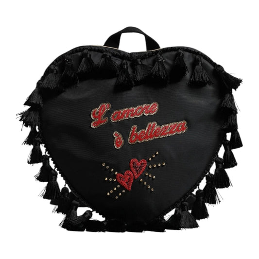 Dolce & Gabbana Black Heart L'Amore Patch Embellished Kids Backpack with tassels and "L'amore è bellezza" text.