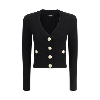 Balmain Black Viscose Cardigan featuring cropped design, v-neck, embossed button closure, monochrome pattern, slim fit, AW25 season.