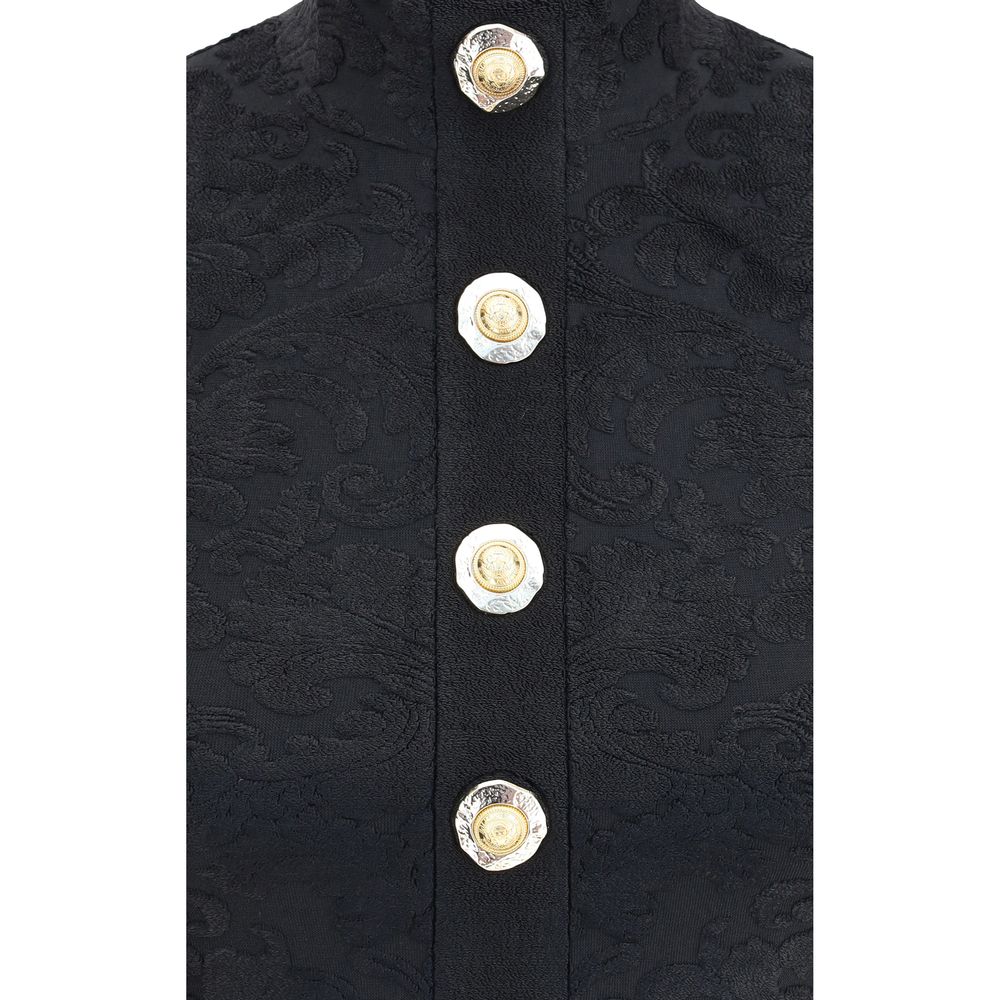 Balmain Black Viscose Top with baroque pattern and gold buttons.