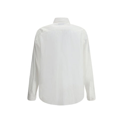 Back view of Balenciaga White Cotton Dress Shirt with asymmetrical hem and embroidered logo for a modern, bold style.