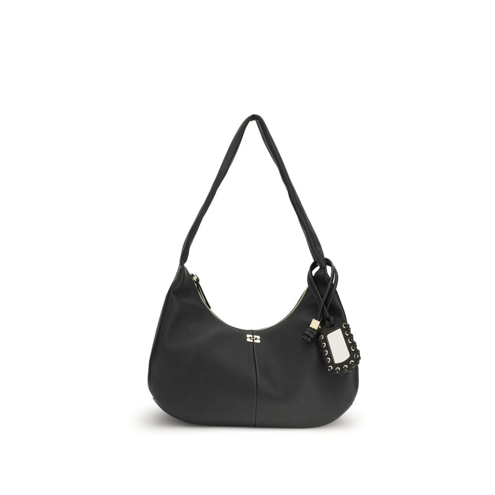 Ganni Black Recycled Polyester Shoulder Bag with gold-tone butterfly logo, practical strap, and zipper closure