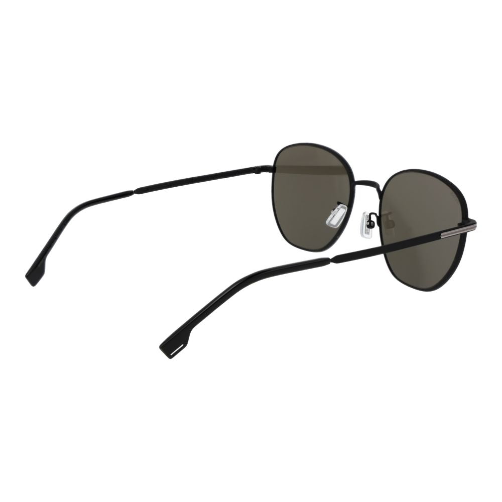 Hugo Boss Black Men Sunglass with grey plastic lenses, black metal full-rim frame, and 100% UVA & UVB protection. Style: Round.