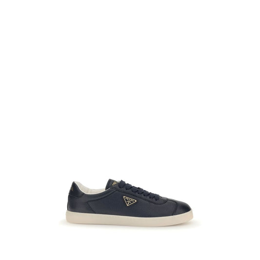 Prada Blue Calf Leather Bos Taurus Low Top Sneakers with embossed logo, lace-up closure, and padded ankle for comfort.