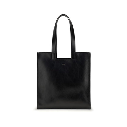Bally Black Calf Leather Bos Taurus Shoulder Bag with gold logo and versatile design, showing front view with handles.