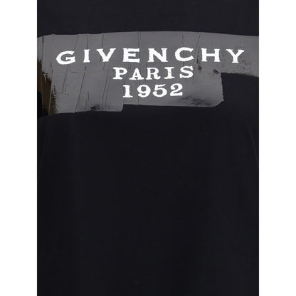 Close-up of Givenchy Black Cotton T-Shirt with 'GIVENCHY PARIS 1952' print on front in black and white.