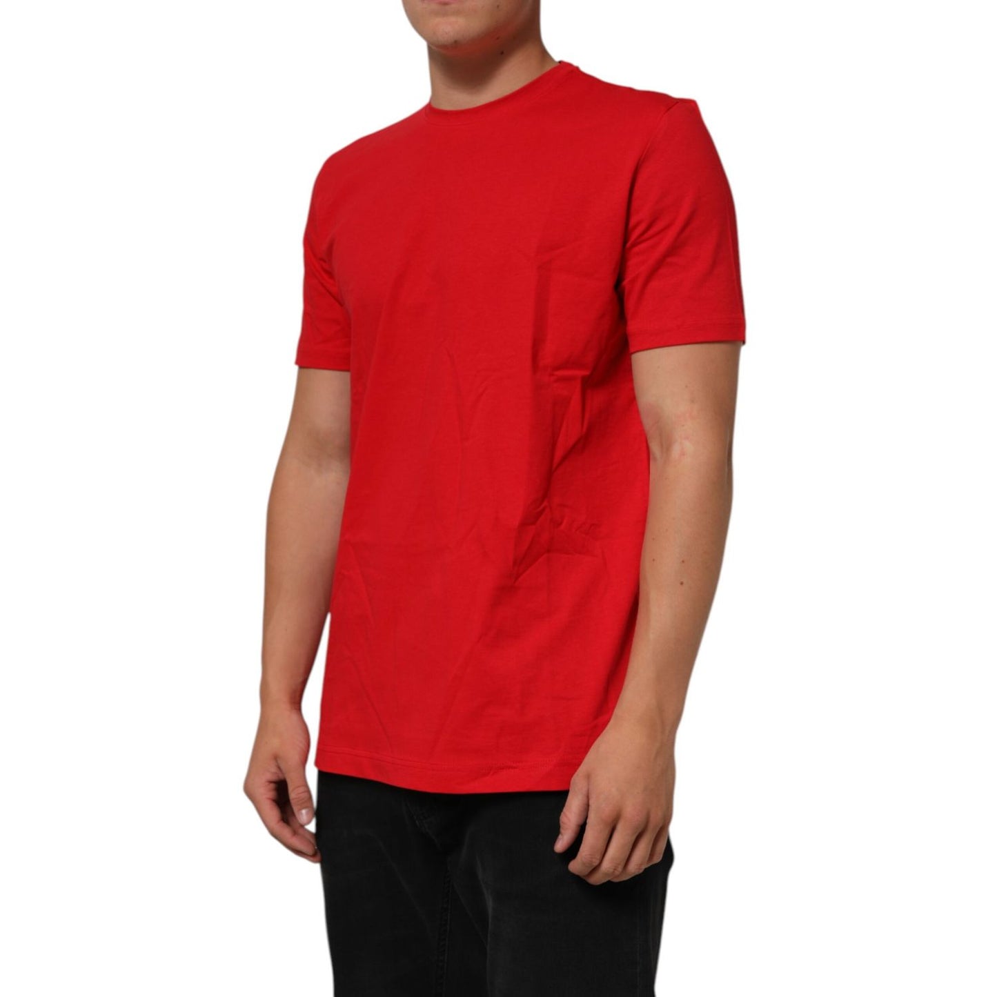 Dolce & Gabbana Red Goodluck 2023 Cotton Crew Neck T-shirt, premium cotton, short sleeves, model wearing in profile view.