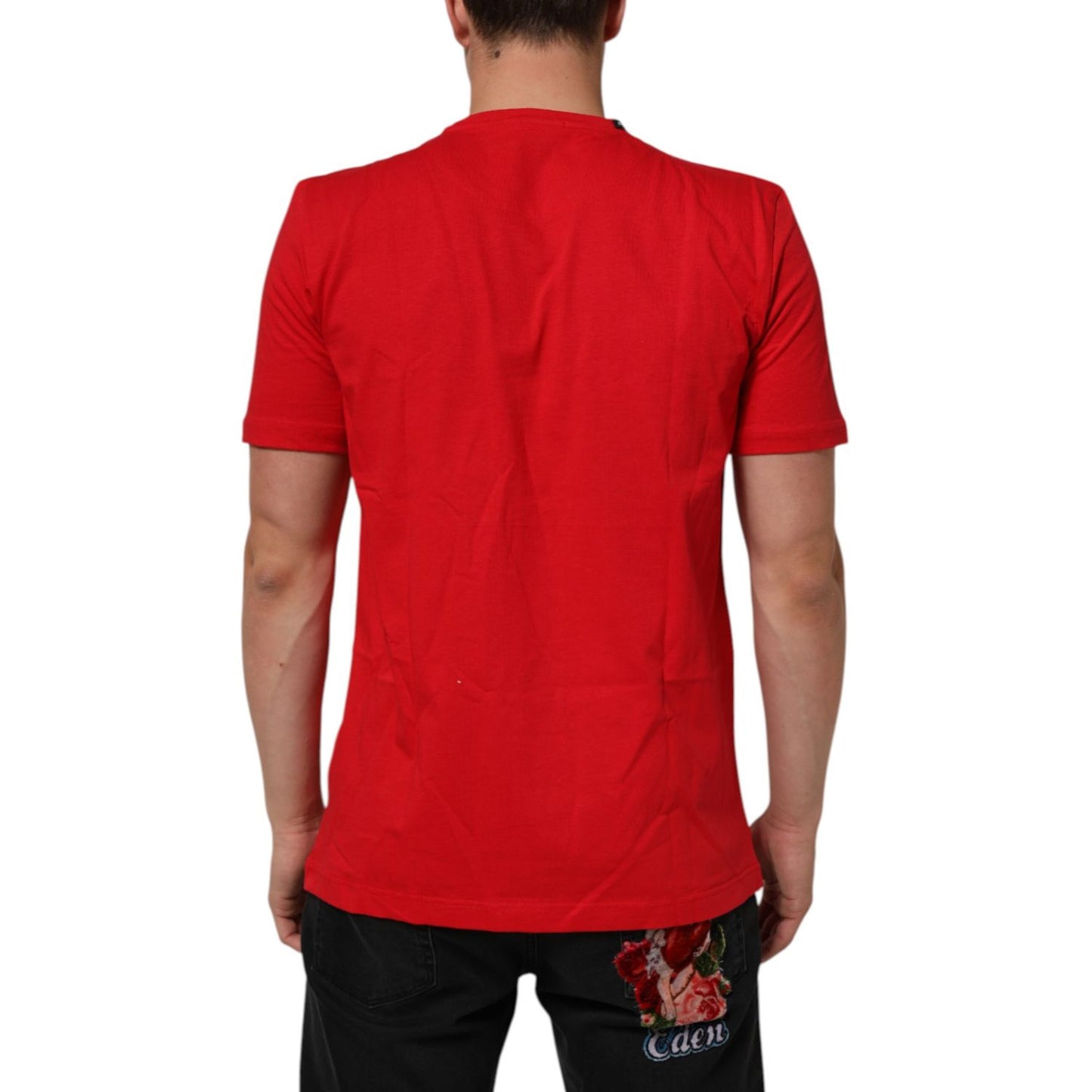 Back view of Dolce & Gabbana Red Goodluck 2023 Cotton Crew Neck T-shirt on model