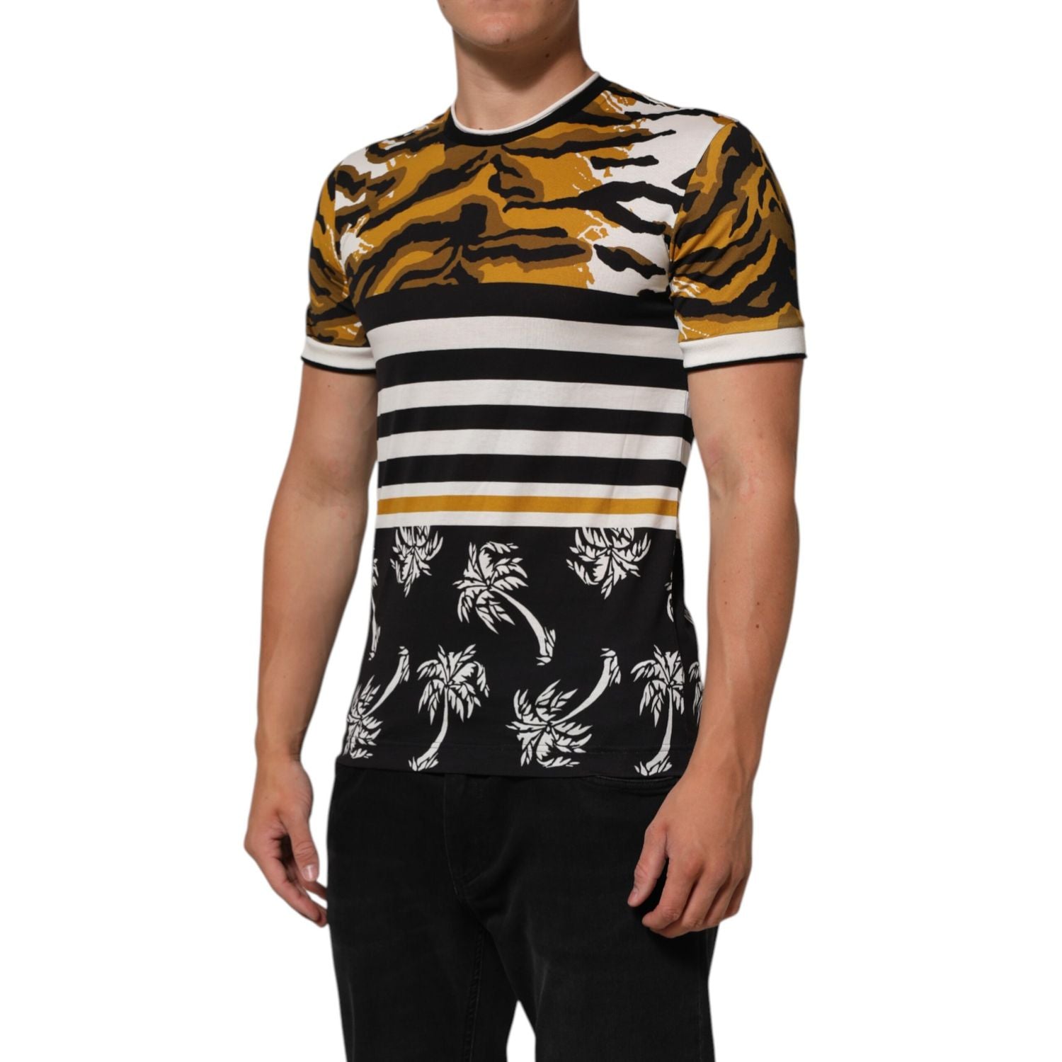 Dolce & Gabbana Multicolor Leopard Palm Leaf Men Crew Neck T-shirt