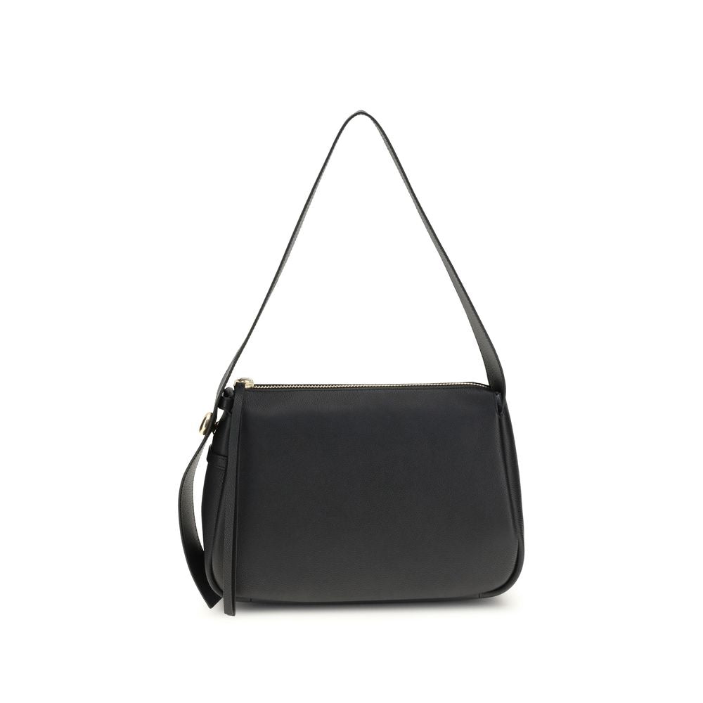 Tory Burch Black Calf Leather Bos Taurus Shoulder Bag with gold-tone details, adjustable handle, and zip closure.