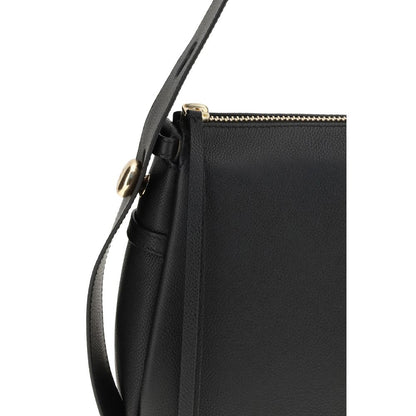 Tory Burch Black Calf Leather Bos Taurus Shoulder Bag with gold-tone details and adjustable handle.