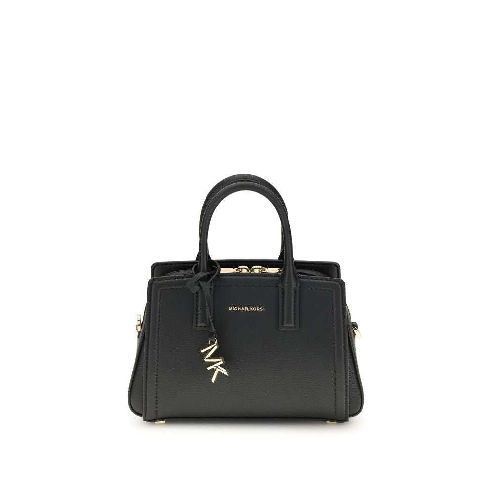 Michael Kors Black Calf Leather Bos Taurus Shoulder Bag with gold-tone details and adjustable strap, front view showcasing elegant design.