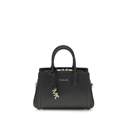 Michael Kors Black Calf Leather Bos Taurus Shoulder Bag with gold-tone details and adjustable strap, front view showcasing elegant design.