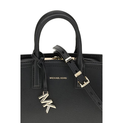 Michael Kors Black Calf Leather Bos Taurus Shoulder Bag with gold-tone hardware and adjustable strap, detail view.
