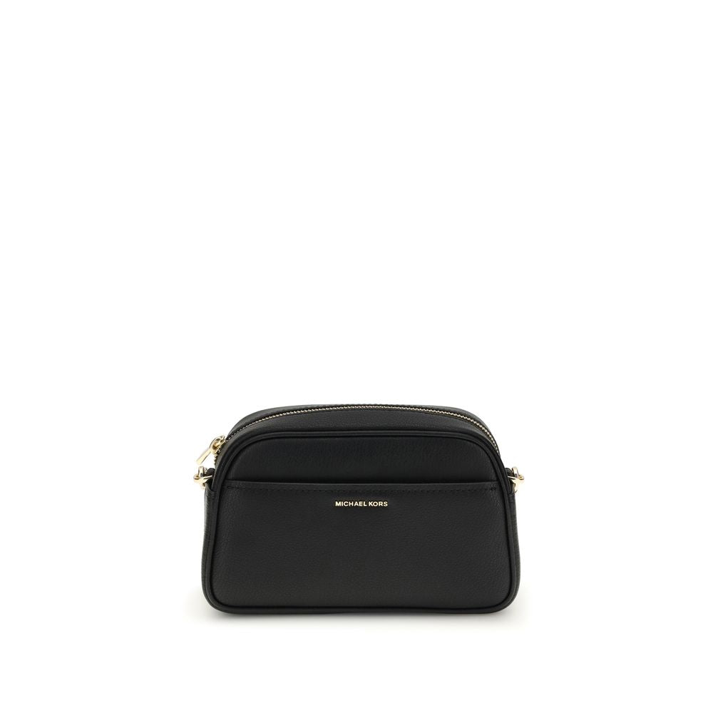 Michael Kors Black Calf Leather Bos Taurus Shoulder Bag with gold-tone details and adjustable strap, front view.