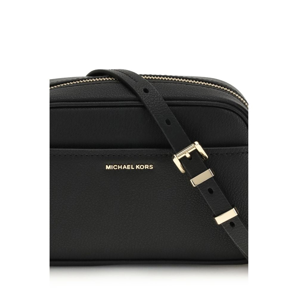 Michael Kors Black Calf Leather Bos Taurus Shoulder Bag with gold-tone details and adjustable strap, featuring a sleek design.