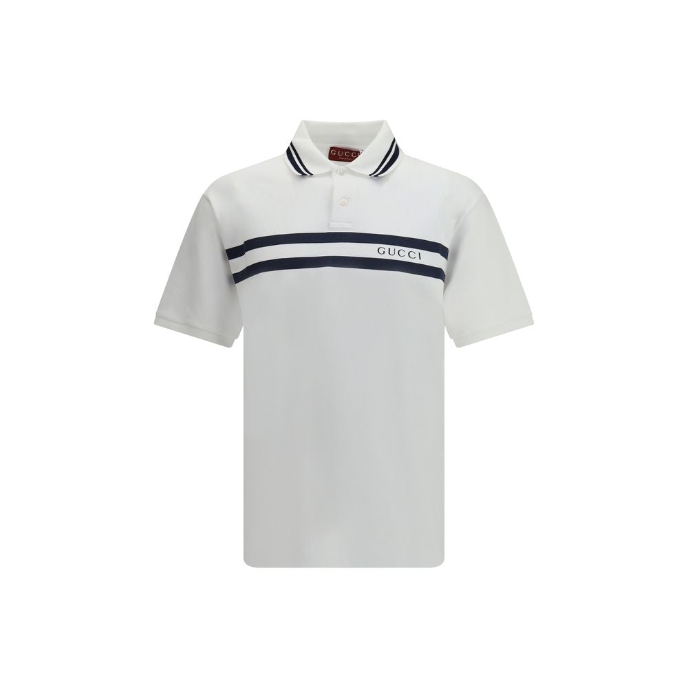 Gucci White Cotton Polo Shirt with striped print and logo, perfect for a relaxed fit, made of 95% cotton and 5% elastane.