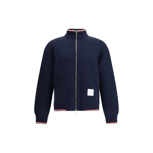Thom Browne Blue Cotton Bomber with zip closure and tricolor details, oversized fit, AW25, featuring brand logo patch for a refined look.