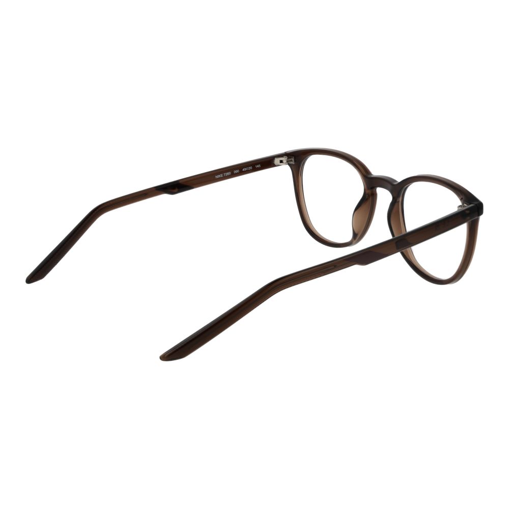 Nike Beige Unisex Glasses Frame in stainless steel, full-rim round style with demo lenses. Brown frame with 145mm temples.
