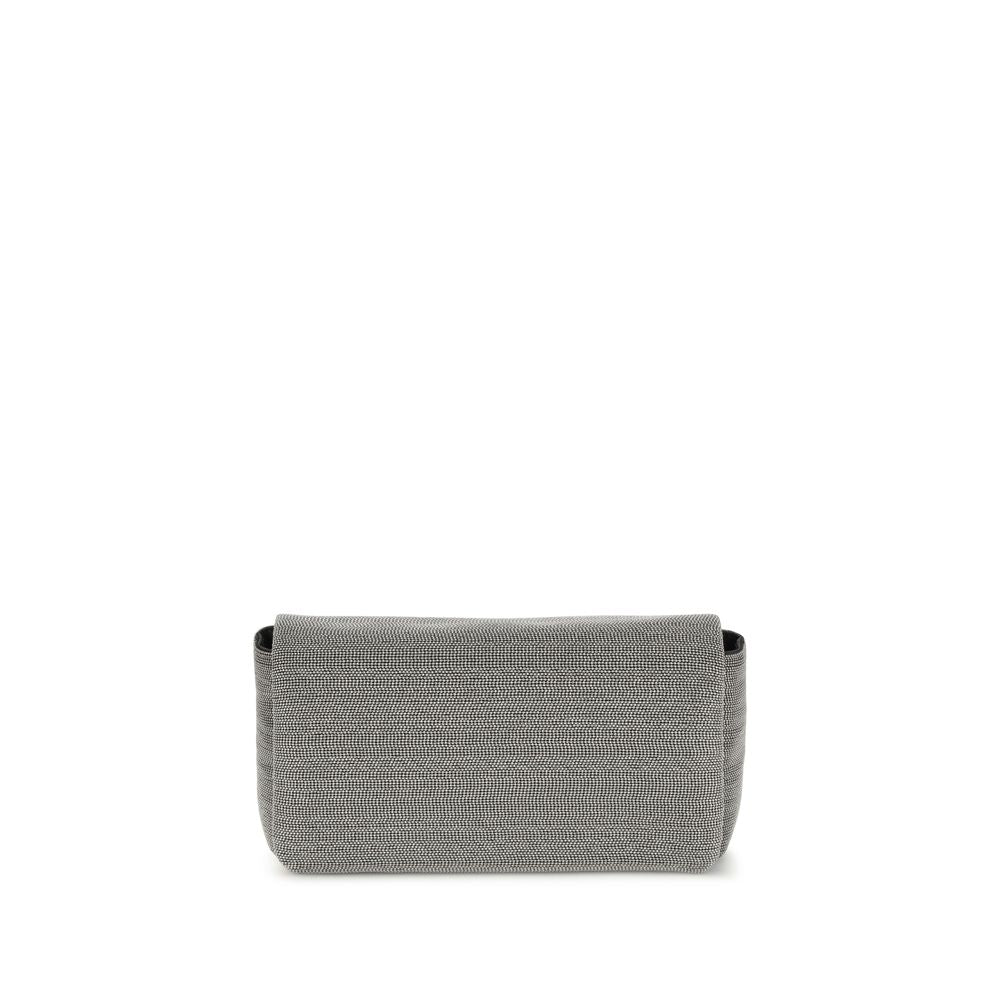 Brunello Cucinelli Gray Leather Shoulder Bag with magnetic flap closure and adjustable strap for versatile fit and everyday essentials storage.
